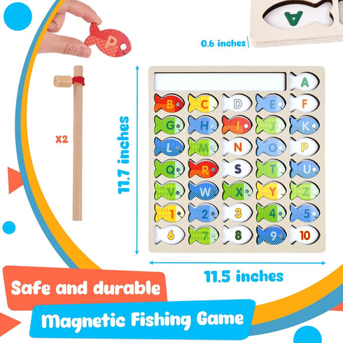 POPLAY Wooden Magnetic Fishing Game, Alphabet Fish Catching Counting Games Montessori Fine Motor Skills Toy with Letters and Numbers for Early Lea...