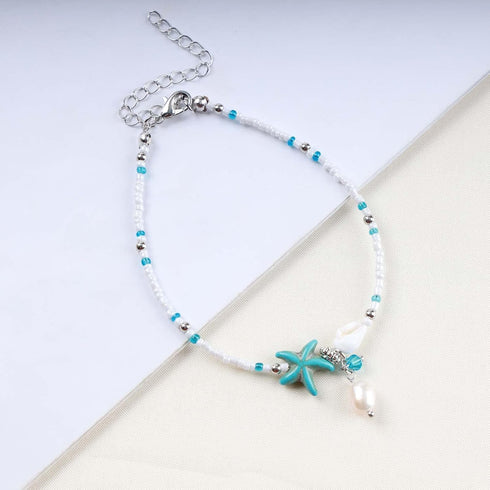 Boho Starfish Beaded Anklet Bracelets White Beads Anklet Beach Beaded Ankle Bracelet Summer Blue Starfish Foot Chain Jewelry for Women...