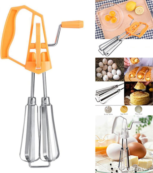 , Classic Hand Crank 18/10 Stainless Steel Churner, Dual Head Design, Effort Saving Manual Hand Mixer for Home Kitchen Cooking (Orange)...