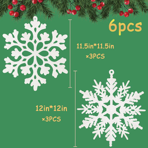 6pcs Large White Snowflakes Ornaments 12” Big Plastic Glitter Snowflake for Winter Indoor Outdoor Christmas Tree Window Room Decorations Giant Cra...