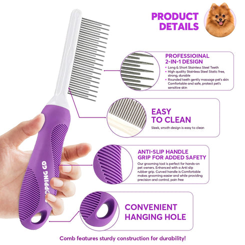 Detangling Pet Comb for Dogs & Cats with Long & Short Stainless Steel Metal Teeth for Removes Tangles and Knots - Detangler Grooming Tool for Dema...