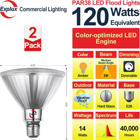 Explux Outdoor-tough Full Glass LED PAR38 Flood Amber Light Bulbs, 120W Equivalent, Weatherproof & Anti-Ageing, Dimmable, Amber Color Spotlight, 2...