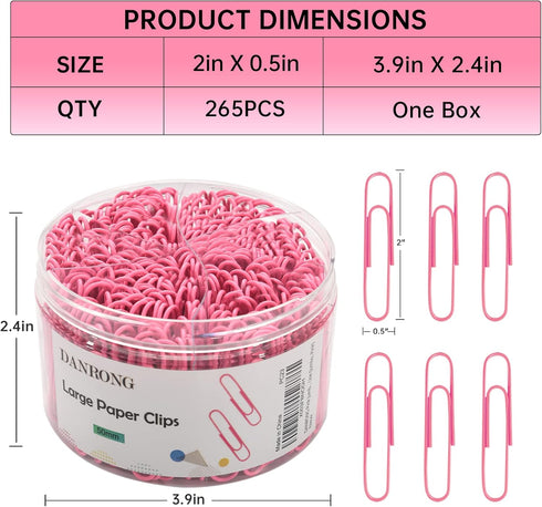Pink Jumbo Paper Clips, 265pcs 2 Inch Paperclips,Large Pape Clips for Paperwork Ideal for Home, School and Office Use (2 in, Pink)...
