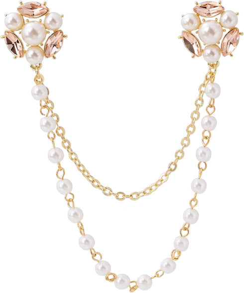 Champagne Tone Crystal Pearl Daisy Flower Brooches Pins with Pearl Chain Tassel Sweater Guard Clip Pin...