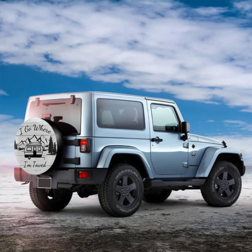 I Go Where I'm Towed Spare Tire Cover Waterproof Dust-Proof Universal 15 Inch Wheel Protectors Camper Spare Tire Cover Fit for RV Trailer Truck Je...