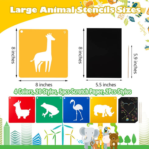 20 PCS Animal Stencils for Kids, 8 x 8 Inch ViikiFain Sidewalk Chalk Stencils Colorful Drawing Stencils with 5 Pcs Scratch Paper Reusable DIY Craf...