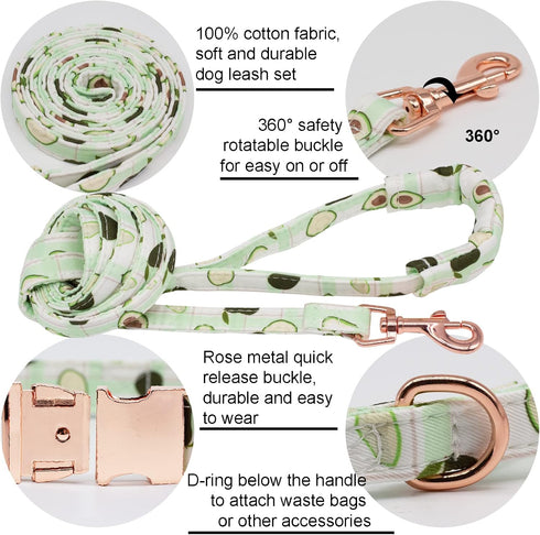 Dog Collar and Leash Set with Flower Bow Tie Girls Dog Collar Dog Tag Metal Buckle Adjustable for Small Medium Large Dogs Avocado-XS...