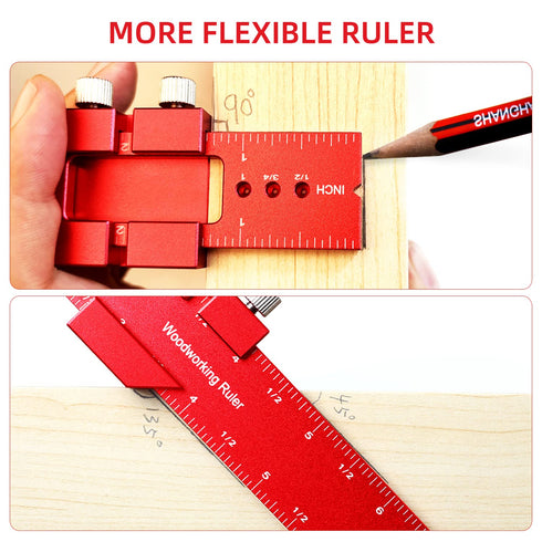 Precision Pocket Ruler Metal Slide Rule Inch and Metric, 3Pcs Aluminum Woodworking Rulers with Slide Stop T-Type Scribing Ruler Square Ruler T Tra...