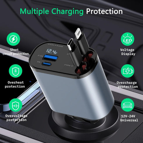 Retractable Car Charger, 4 in 1 Fast Charge Car Phone Charger Adapter 100W, Retractable Cables(2.6ft) for iPhone & Type-C, Cigarette Lighter Adapt...