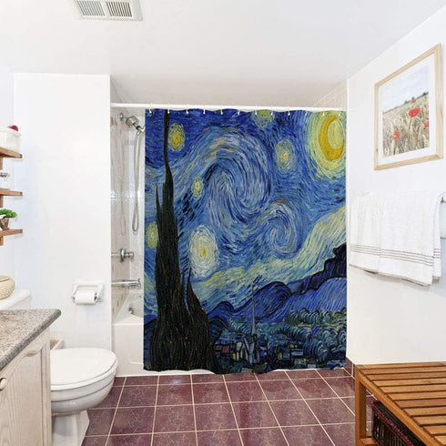 IcosaMro Starry Night Shower Curtain for Bathroom with Hooks, V. Gogh Stars Art Decorative Long Cloth Fabric Shower Curtain Bath Decorations - 71W...