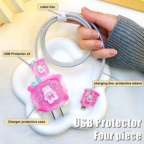 Cable Protector for iPhone Charger Cover Cute Kawaii Pink Bunny Rabbit Pattern Design,Data Line Cable USB Wire Cord Saver Charger Protector Design...