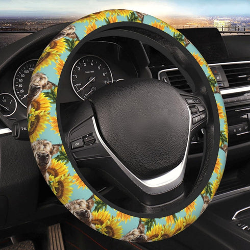 Highland Cow With Sunflower Elastic Steering Wheel Cover, Universal 15 Inch Fit, Neoprene Rubber Car Steering Wheel Covers, Anti-Slip Car Accessor...