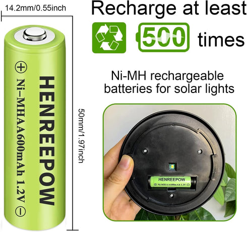 Henreepow Ni-MH AA Rechargeable Batteries, Double A High Capacity 1.2V Pre-Charged for Garden Landscaping Outdoor Solar Lights, String Lights, Pat...