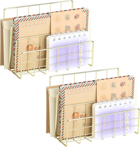 2 Pieces Desk Mail Organizer, Metal Mesh Small File Holders Letter Organizer, Bill/Document/Filing/Folders/Paper Organizer for Desktop (Metal-Gold...