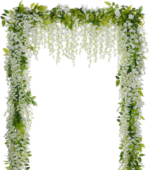 Lvydec Wisteria Artificial Flowers Garland, 4Pcs Total 28.8ft White Artificial Wisteria Vine Silk Hanging Flower for Home Garden Outdoor Ceremony ...