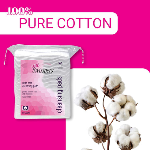 Swisspers Premium Facial Cleansing Pad, 100% Cotton, Ultra Soft, Extra Large, 50 White Pads per Reclosable Bag, 3 Bags (150 Pads Total)...