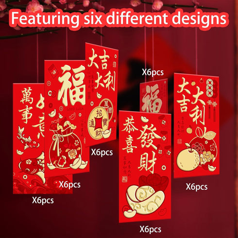 36 Pcs 6 Designs Chinese New Year Red Envelopes 2024, Heavy Duty Hong Bao Lucky Money Cash Envelopes Red Packets Lai See for Lunar Dragon New Year...