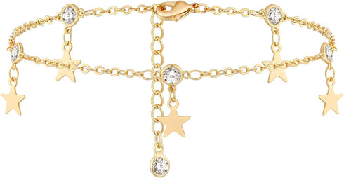 CZ Star Anklet,14K Gold Plated Boho Cute Dainty Foot Chain Ankle Bracelet Chain Anklet for Women...