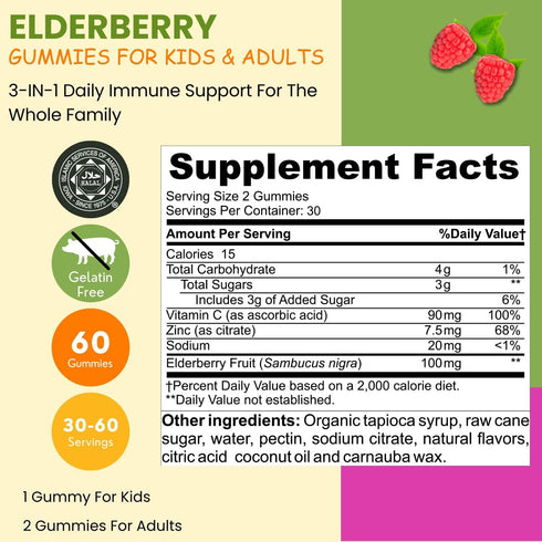 Vegan Black Sambucus Elderberry Gummies | Non-GMO | 60 Gummies, 30 Serving w/ 100mg Elderberry, 90mg Vitamin C, 7.5mg Zinc | Immune Support, Antio...