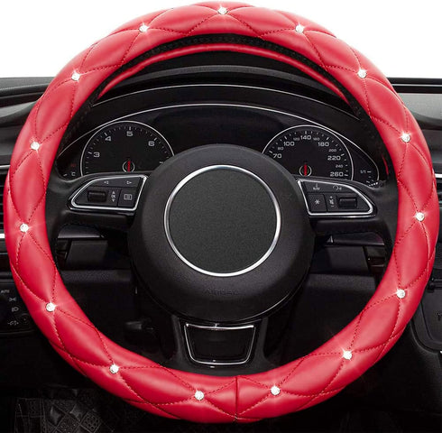 Xizopucy Red Steering Wheel Cover, Leather Car Steering Wheel Cover, Crystal Rhinestones Anti-Slip Soft Accessories for Women and Girl Universal F...