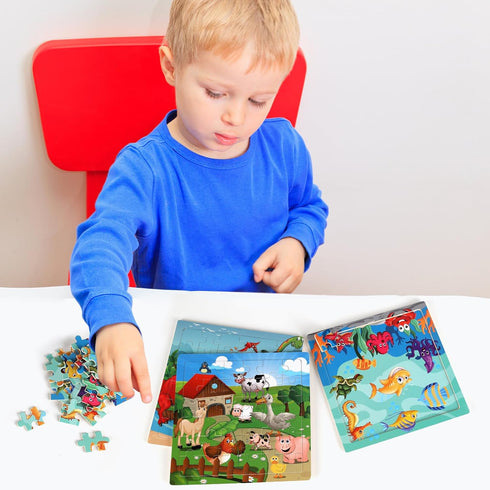Wooden Puzzles Toys for Kids Ages 3-5, Set of 3 Packs with 36-Piece Wood Jigsaw Puzzles, Dinosaur, Farm and Ocean Theme. Ideal Gifts for Boys and ...