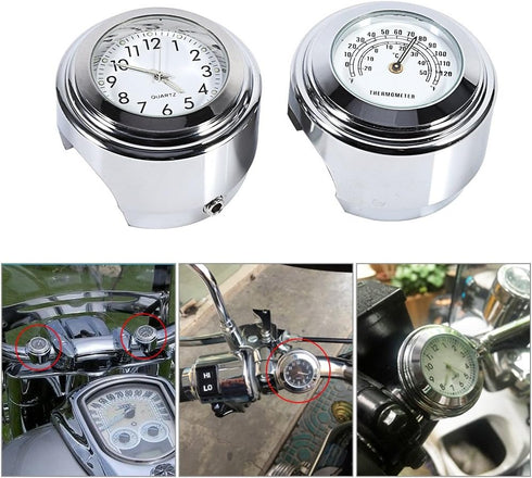 VGEBY Motorcycle Handlebar Clock, 7/8" 1" Motorcycle Handlebar Dial Clock & Thermometor Waterproof Glossy for Cruiser Chopper(Pack of 2)...