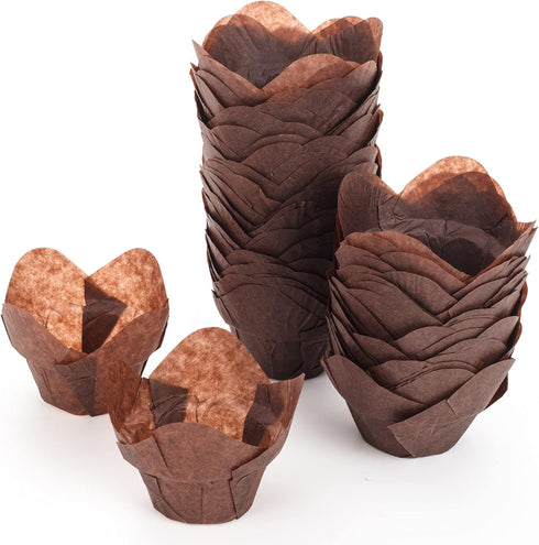 GOLDEN APPLE, 100 Pcs Tulip Cupcake Liner Lotus Parchment Baking Cup Muffin Tins Cups for Weddings, Birthdays, Baby Showers, Brown...