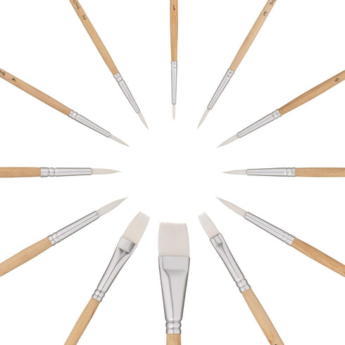 Jerry Q Art 12 PC White Synthetic Hair Round and Flat Paint Brush Set with Short Wood Handle for Acrylic, Watercolor and All Media JQ17931...