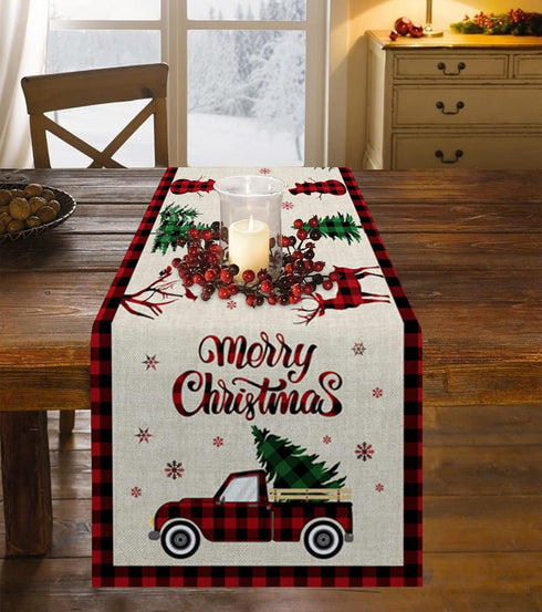 Christmas Truck Cotten Linen Table Runners 90 Inches Long, Red Buffalo Plaid, Non-Slip Burlap Table Cloth Runner for Home/Dining/Wedding/Party/Hol...