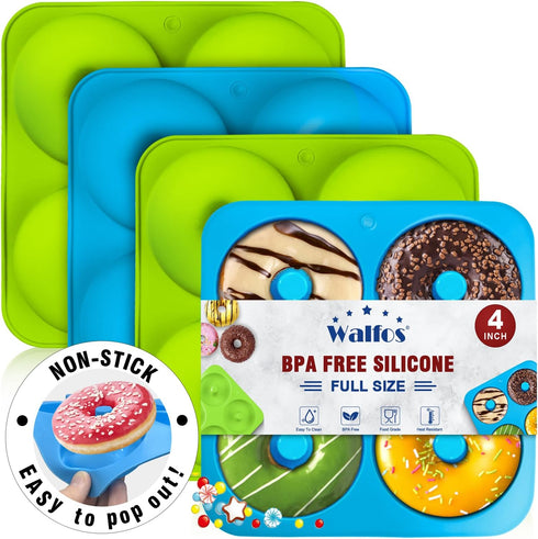 Walfos Full Size Silicone Donut Mold for Baking- 4 Inch Big Size Silicone Doughnut Pan Set for Donut Cake Biscuit Bagels, Heat Resistant, BPA FREE...