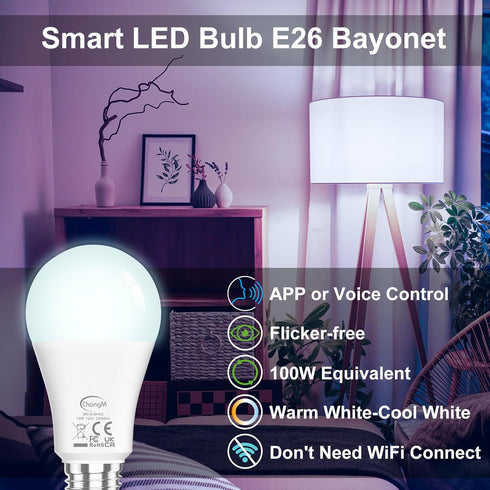 Smart Light Bulbs 13W E26 Smart LED Light Bulb Compatible with Alexa Warm White to White A19 APP Control Bulb Bluetooth Mesh 4 Pack...