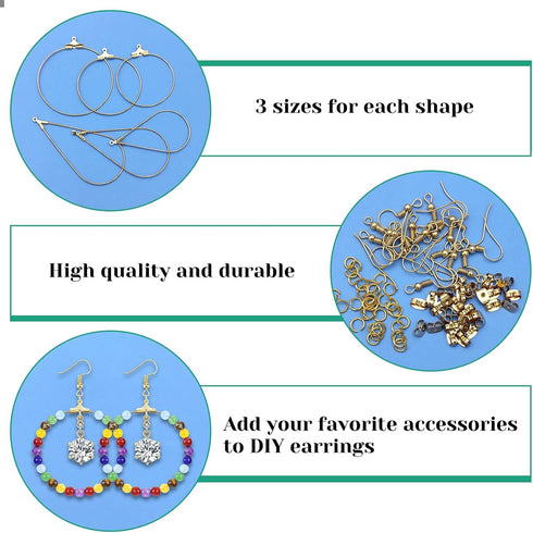 YaeYur 360pcs Beading Earring Supplies 60pcs Teardrop Round Beading Hoop Earrings 100pcs Beading Earring Hooks 100pcs Open Jump Rings 100pcs Butte...