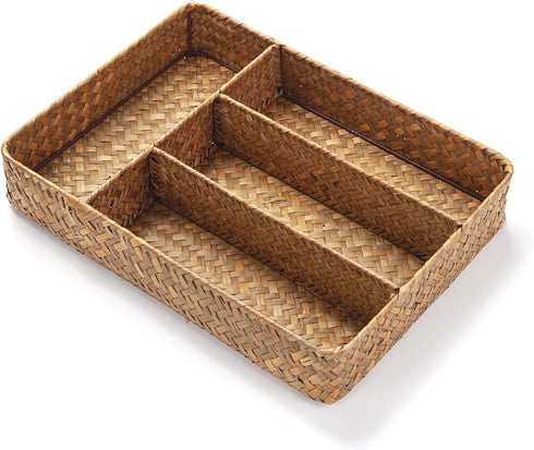 Seagrass Storage Basket with Compartments Utensil Tray for Organization Silverware Flatware Rectangular Shelf Baskets with 4 Sections Natural...