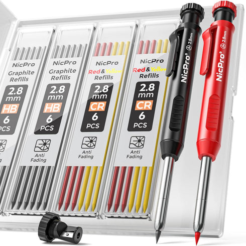 Nicpro Carpenter Pencil with Sharpener, Mechanical Pencils Set with 26 Refills, Deep Hole Marker for Construction, Heavy Duty Woodworking Pencils ...