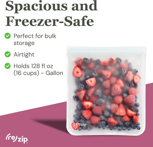 (re) zip Gallon Reusable Storage Bags, BPA-Free, Leakproof, Food-Grade 100% Food-Safe PEVA, for Food Storage and Freezer Use, Holds 16 cups | 128 ...