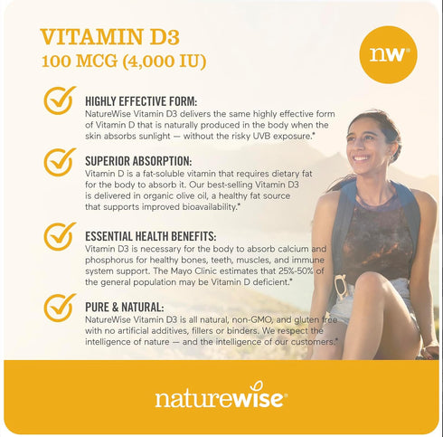 NatureWise Vitamin D3 4000iu (100 mcg) Healthy Muscle Function, and Immune Support, Non-GMO, Gluten Free in Cold-Pressed Olive Oil, Packaging Vary...