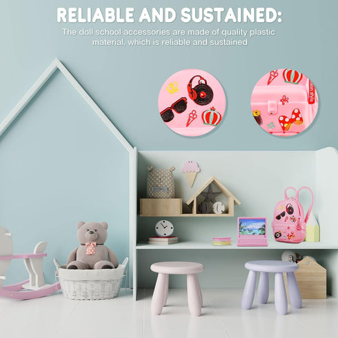 Zhanmai 21 Pieces Doll School Stuff Mini School Supplies Doll School Accessories School Playset for Dolls Mini Pink Doll Backpack Desk Lamp Laptop...