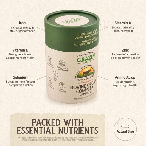 Grass Fed Bovine Organ Complex: Liver, Spleen, Kidney, Heart, Pancreas (600 Mg per organ per capsule), 3000 Mg per serving (30 Servings)...