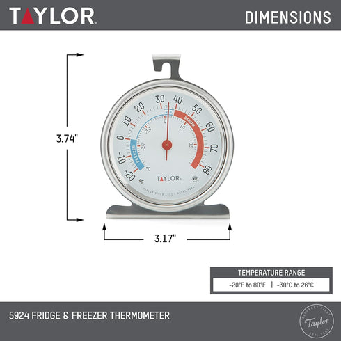 Taylor 5924 Large Dial Kitchen Refrigerator and Freezer Analog Thermometer, 3-Inch Dial, Easy to Read, Silver Finish, Accurate Temperature Monitor...