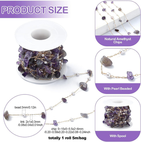 DanLingJewelry 5m Brass Handmade Natural Amethyst Stone Beading Chain Purple Irregular Crystal Chains with Spool for Jewelry Making Supplies...
