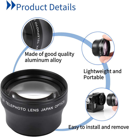 2X Telephoto Lens, Magnification HD Converter Lens for 37mm Mount Camera, Doubles Camera Zoom Default...