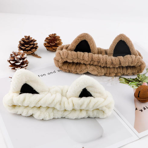YISSION 2PCS Cat Ears Spa Headband No Slip Head Band for Face Wash Makeup Skincare Facial Headband Elastic Hair Band Carol Fleece Headbands for Wo...