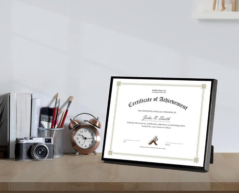 Golden State Art, 8.5x11 Aluminum Frame, Real Glass, Metal Frame for 8.5 by 11 inch Document, Certificate, Diploma. with Easel Stand (Black 1pack)...