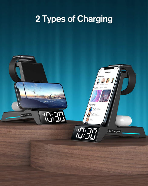 Wireless Charging Station - 4 in 1 Wireless Charger with Alarm Clock, Charging Stand Dock for iPhone 15/14/13/12/11/Pro/Max/XR/XS/X/Samsung Phone,...