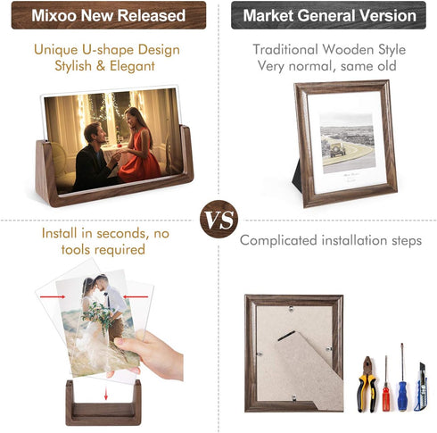 Mixoo 4x6 Wood Photo Picture Frame 2 Pack - Rustic Wooden Picture Frame with Walnut Wood Base and High Definition Break Free Acrylic Covers for Ta...