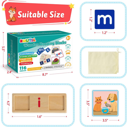Wooden CVC Reading Spelling Game for Kids, Sight Words Flash Cards for Preschool Kindergarden Learning Activities, Montessori Educational Toys Gif...