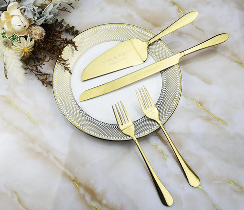 ROXBURGH Wedding Cake Knife and Server Set, Engraved Mr and Mrs Gold Forks Cake Cutting Set Pie Dessert Servers for Wedding Anniversary Bridal Sho...