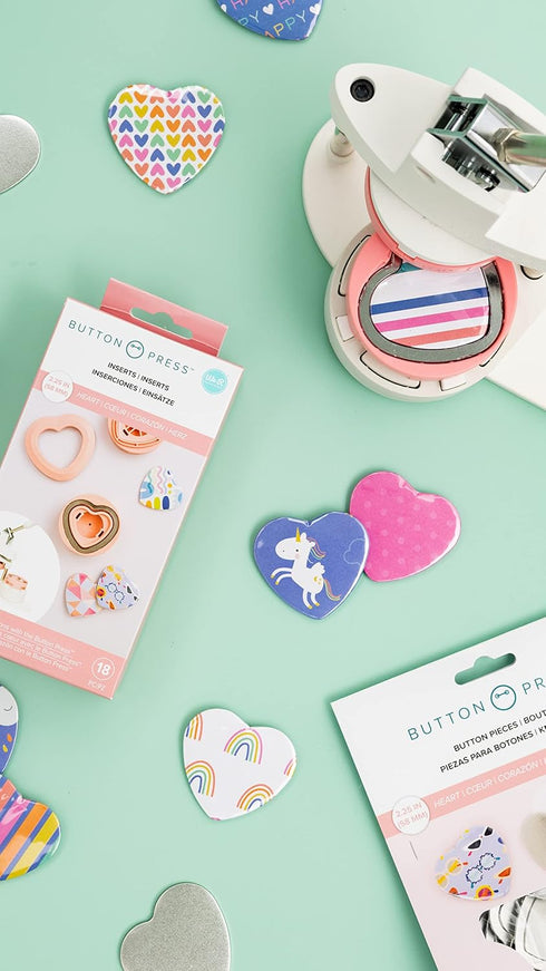 We R Memory Keepers Button Press Inserts, includes Materiels for 5 Heart Buttons (58mm) Create DIY Custom Buttons for Backpacks, Purses, Bags, Pin...