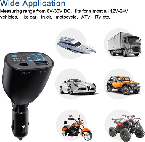 USB C Car Charger with Voltage Display 20W PD Fast Car Charger with & USB5V2.4A Adapter, Car Voltmeter Meter Battery Monitor...