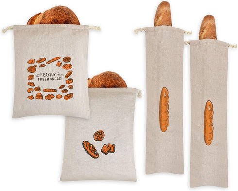 Linen Bread Bags Set of 4 Reusable Bread Bags for Homemade Bread Fresh Bread Storage for Crusty European Bread, Baguette...